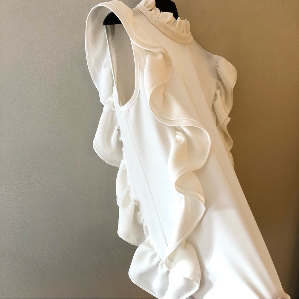 Gracia White Ruffle Sleeve Mock Neck Blouse